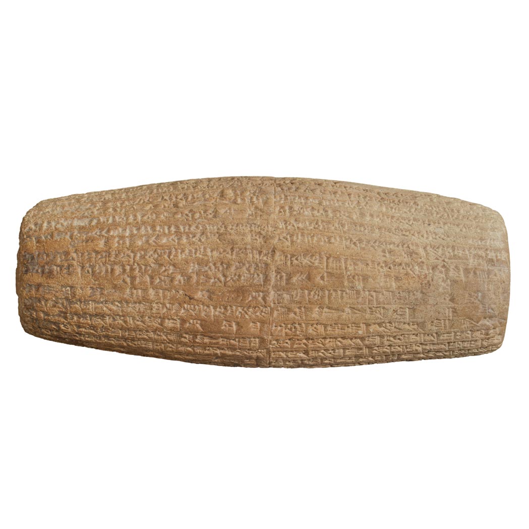 Lot image - Cuneiform cylinder with inscription of Nebuchadnezzar II describing the rebuilding of the temple of Shamash in Sippar (modern Tell Abu Habbah in Iraq)