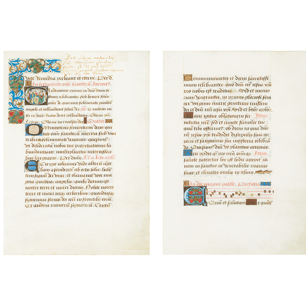 Lot image - [MANUSCRIPT]  Two illuminated leaves on vellum from a Missal