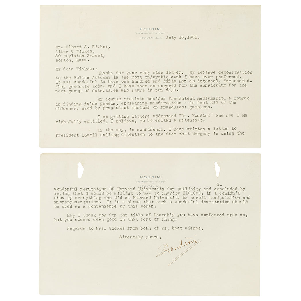 Lot image - HOUDINI, HARRY  Two page typed letter signed