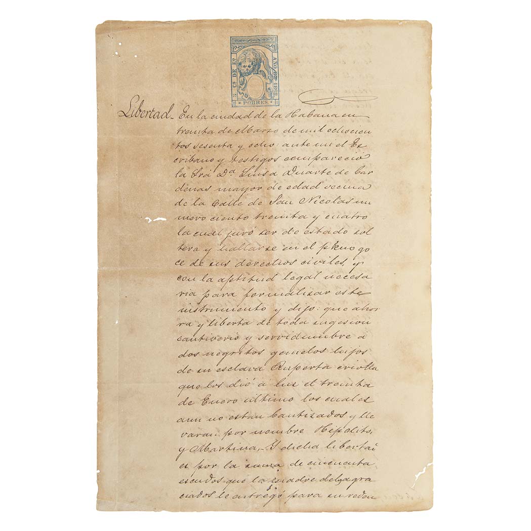 Lot image - [CUBA-SLAVERY]  Manumission document granting freedom to twin slave infants