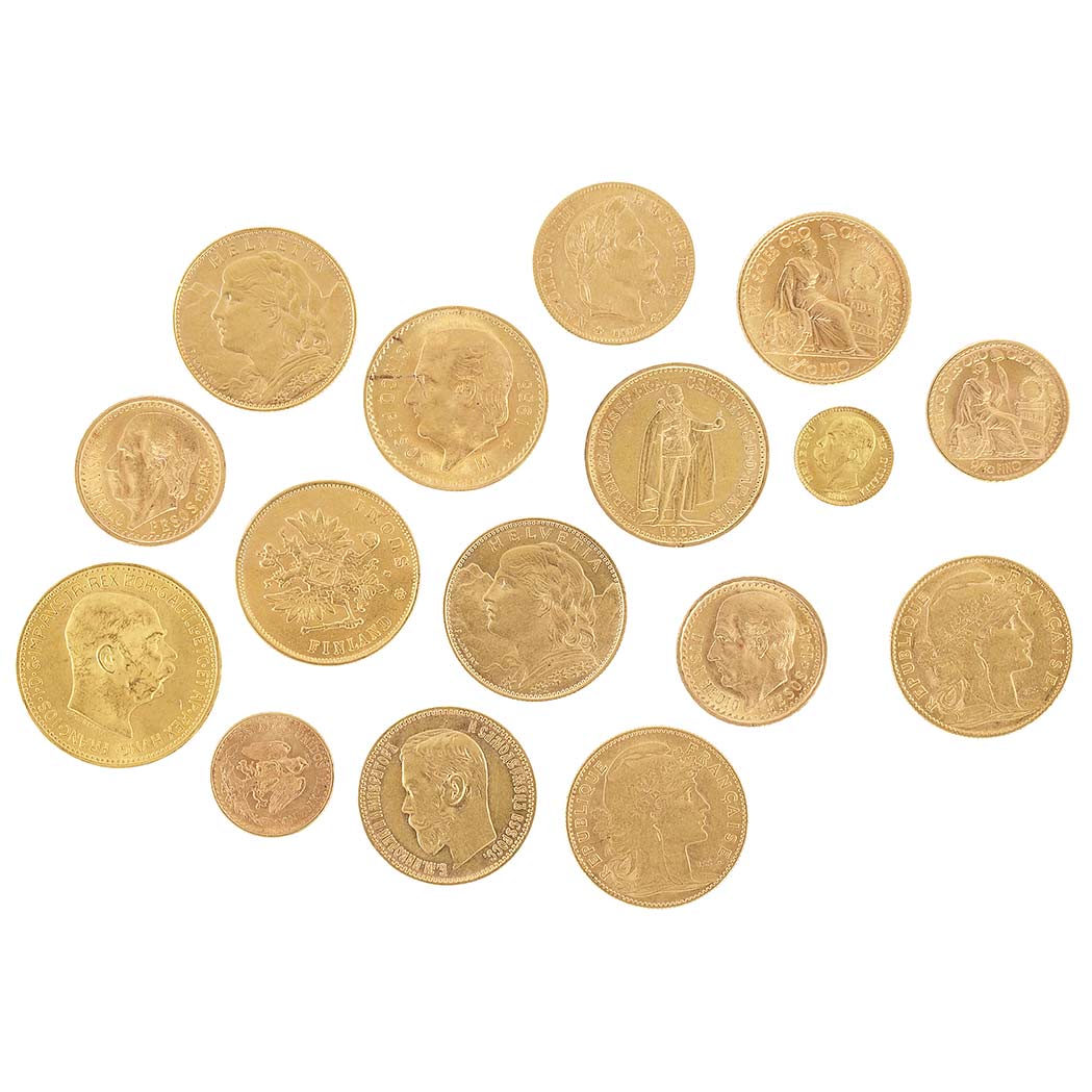 Lot image - World Group of Gold Coins   Small lot of eighteen Gold coins comprising United States 1853 1 Dollar (facsimile), 1862 1 Doll...