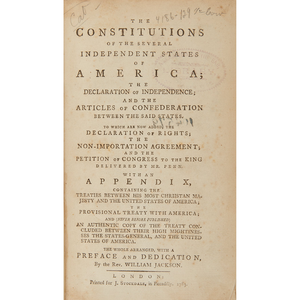 Lot image - [CONSTITUTIONS]  The Constitutions of the Several Independent States of America; The Declaration of Independence; and the Articles of Confederation Between the Said States