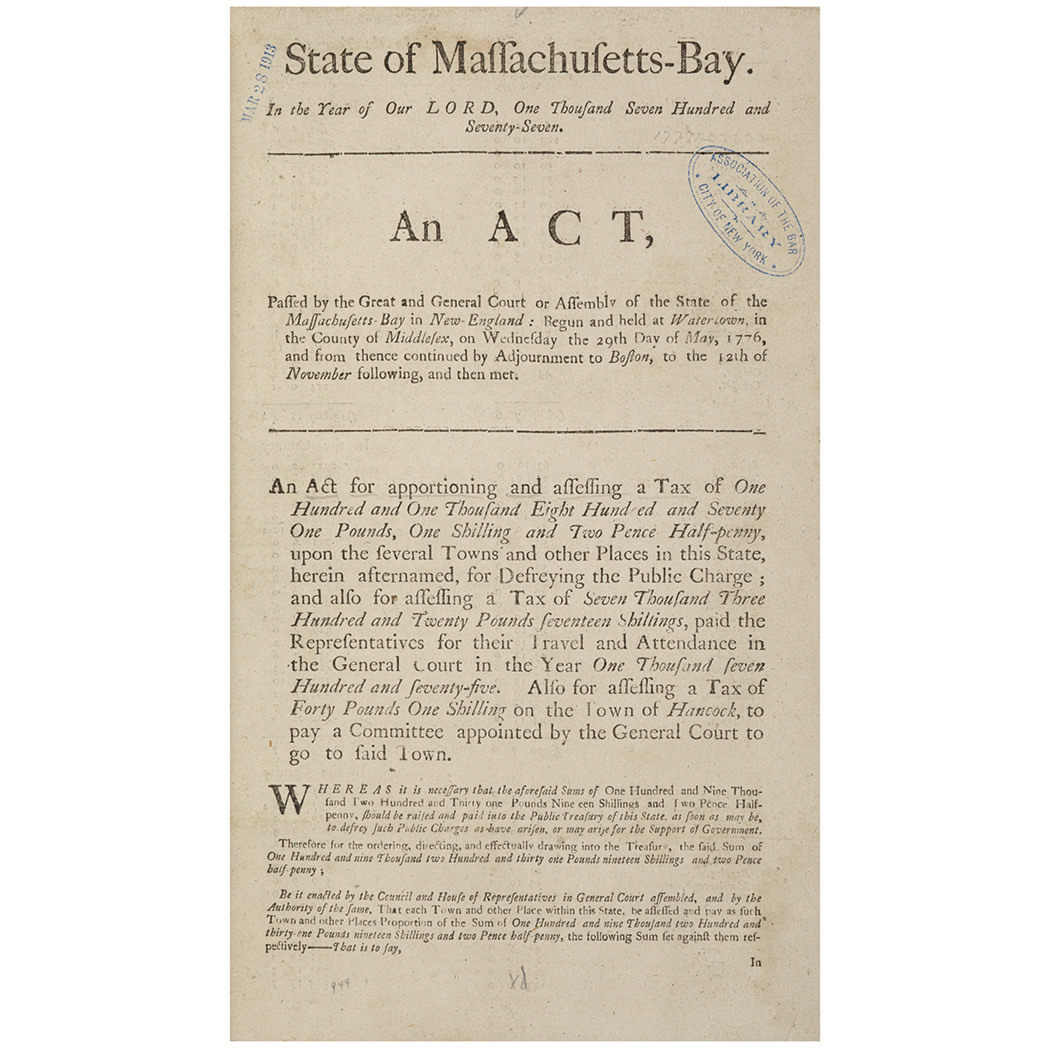 Lot image - [MASSACHUSETTS - REVOLUTION] State of Massachusetts-Bay. In the year of our Lord, one thousand seven hundred and seventy-seven...