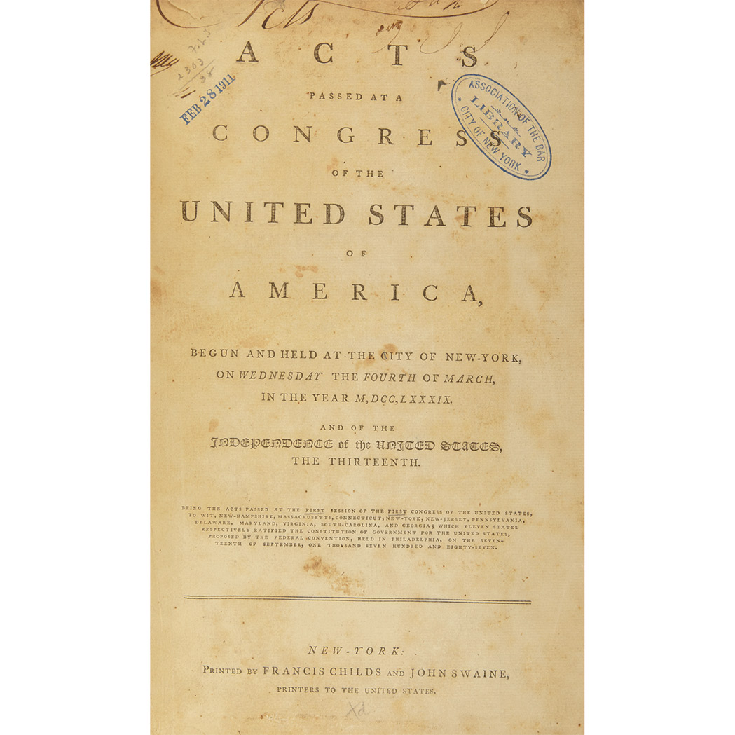 Lot image - [UNITED STATES - FIRST CONGRESS] Acts passed at a Congress of the United States of America, begun and held at the city of New-Y...
