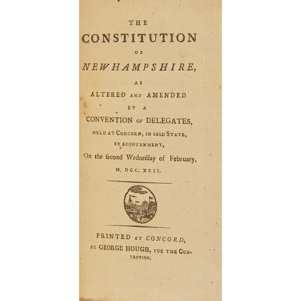 Lot image - [NEW HAMPSHIRE]  The Constitution of New Hampshire, as altered and amended by a convention of delegates, held at Concord, in said state, approved by the people, and established by the convention, on the first Wednesday of September, 1792