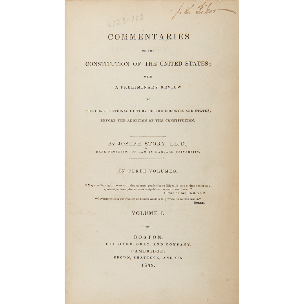 Lot image - [CONSTITUTION]  STORY, JOSEPH. Commentaries on the Constitution of the United States