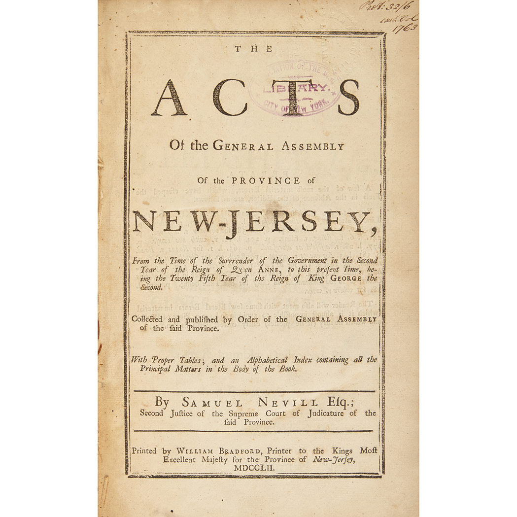 Lot image - [NEW JERSEY] NEVILL, SAMUEL. The Acts of the General Assembly of the Province of New-Jersey, From the Time of the Surrender of the G...