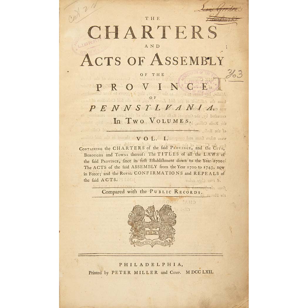 Lot image - [PENNSYLVANIA]  The charters and acts of Assembly of the province of Pennsylvania