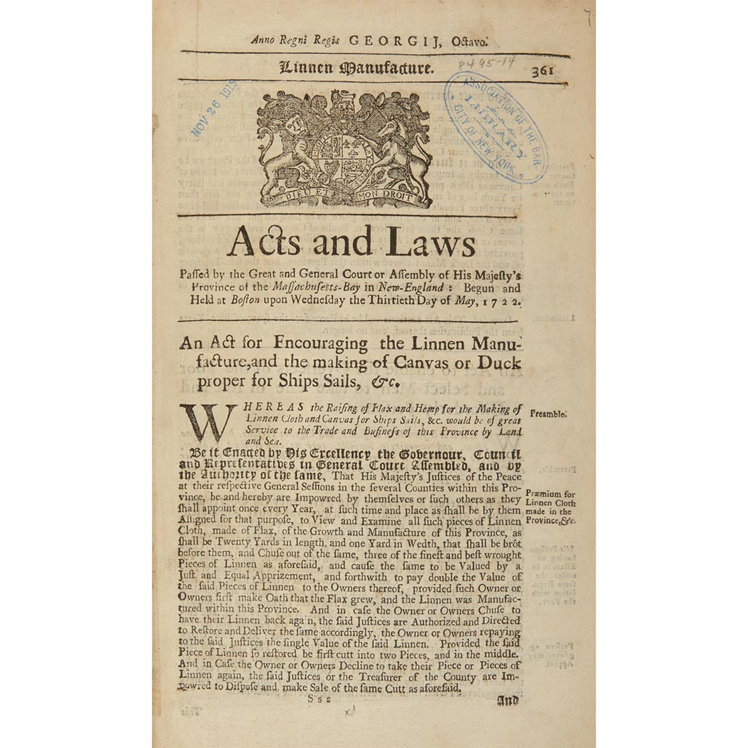 Lot image - [MASSACHUSETTS - COLONIAL]  Group of bound session acts, 1722-41