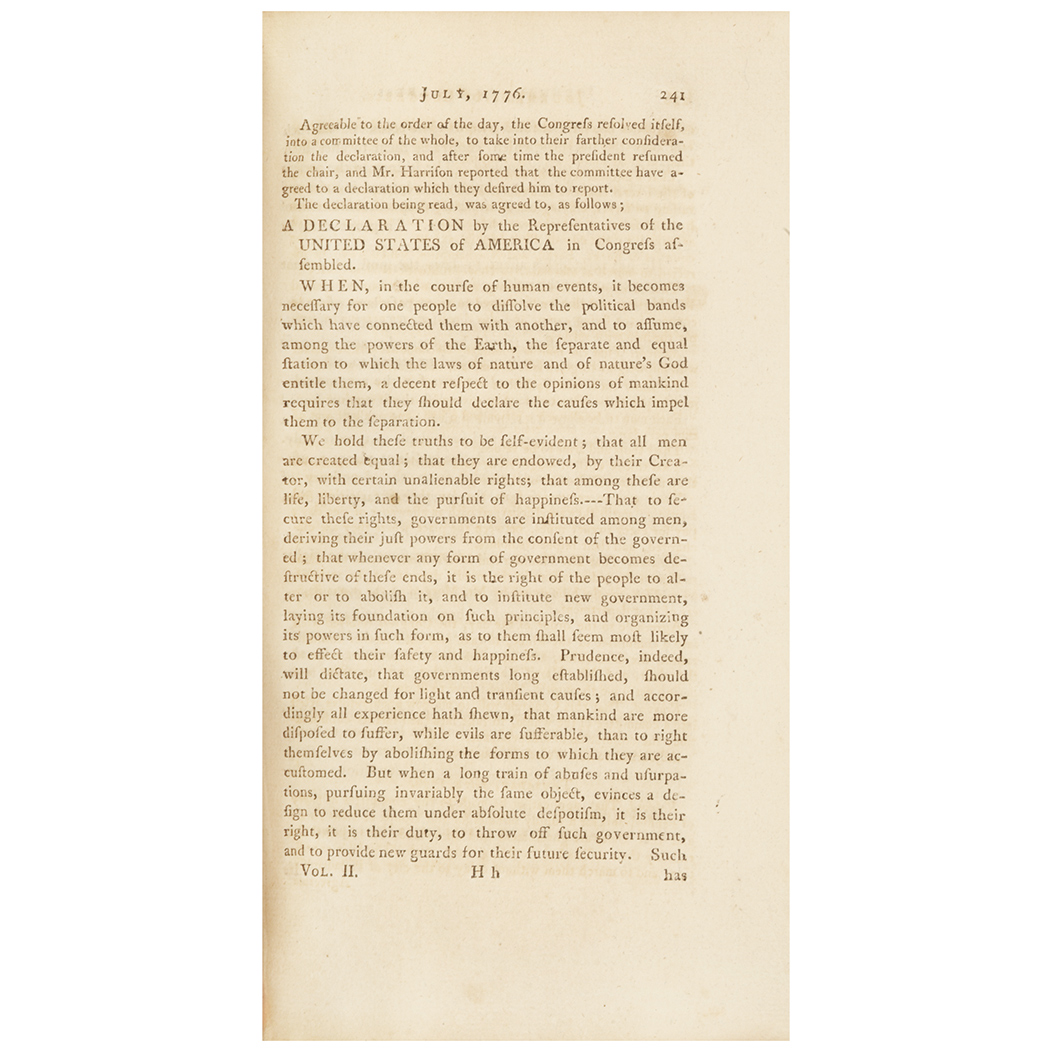 Lot image - [DECLARATION OF INDEPENDENCE]  Journals of Congress. Containing the Proceedings from January 1, 1776, to January 1, 1777