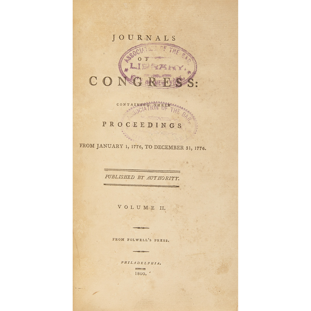 Lot image - [JOURNALS OF CONGRESS]  Journals of Congress: containing their proceedings from September 5, 1774 ... [to November 3, 1788]
