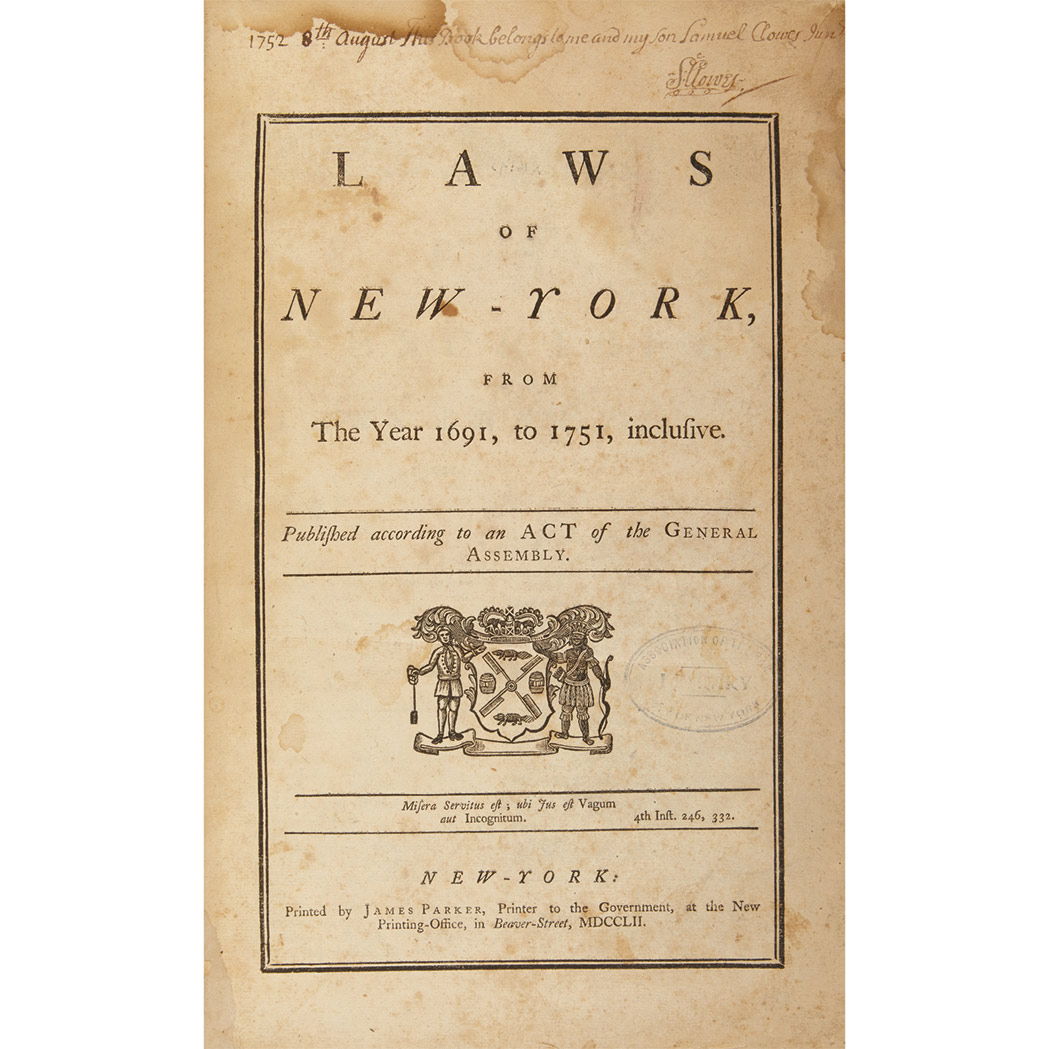 Lot image - [NEW YORK - LIVINGSTON, WILLIAM and SMITH, WILLIAM, Jr. - compilers] Laws of New-York, from the Year 1691, to 1751, inclusiveD...
