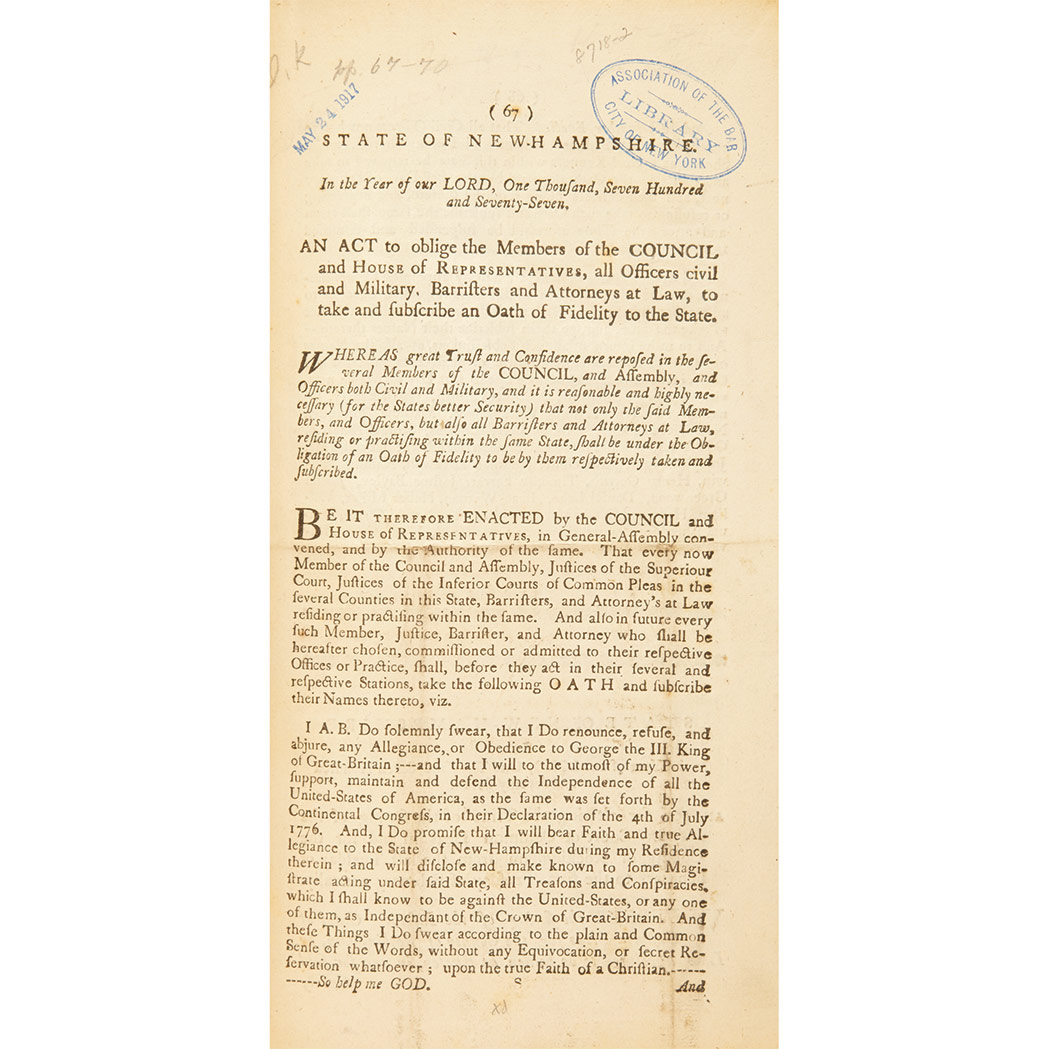 Lot image - [NEW HAMPSHIRE] Group of session acts, 1765-1788, nine volumes in 20th century cloth, commencing with (caption title) Acts and Laws ...