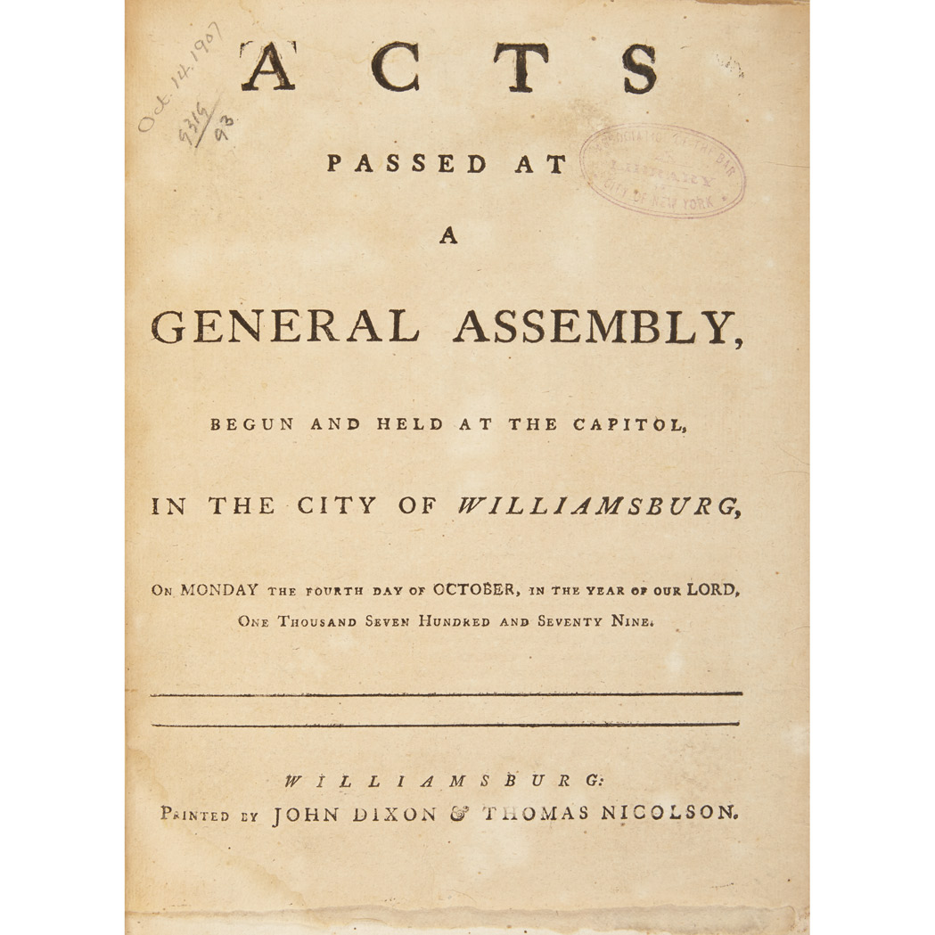 Lot image - [VIRGINIA - REVOLUTION] Acts passed at a General Assembly, begun and held at the capitol, in the city of Williamsburg, on Monda...