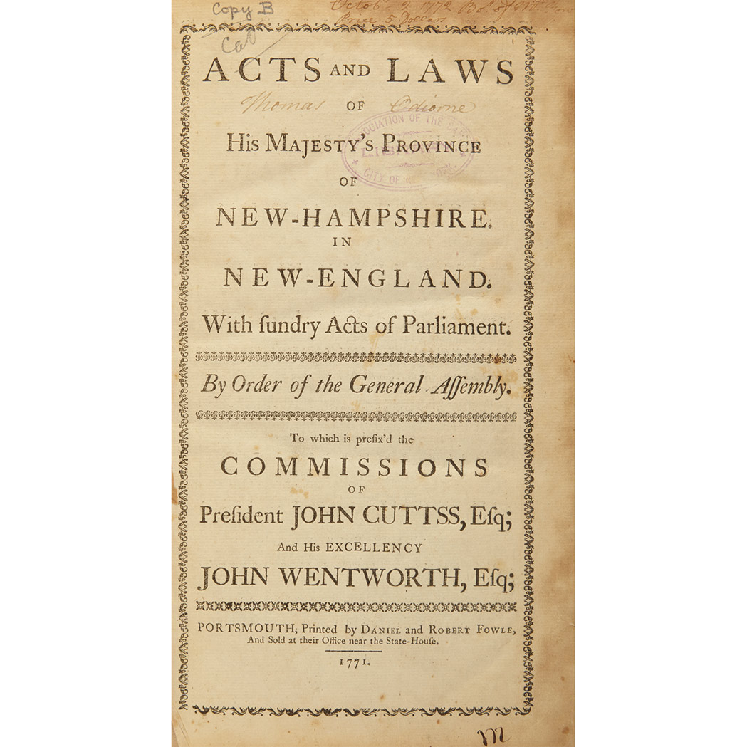 Lot image - [NEW HAMPSHIRE] Acts and Laws, of His Majesties Province of New Hampshire in New-England. With Sundry Acts of Parliament. Po...