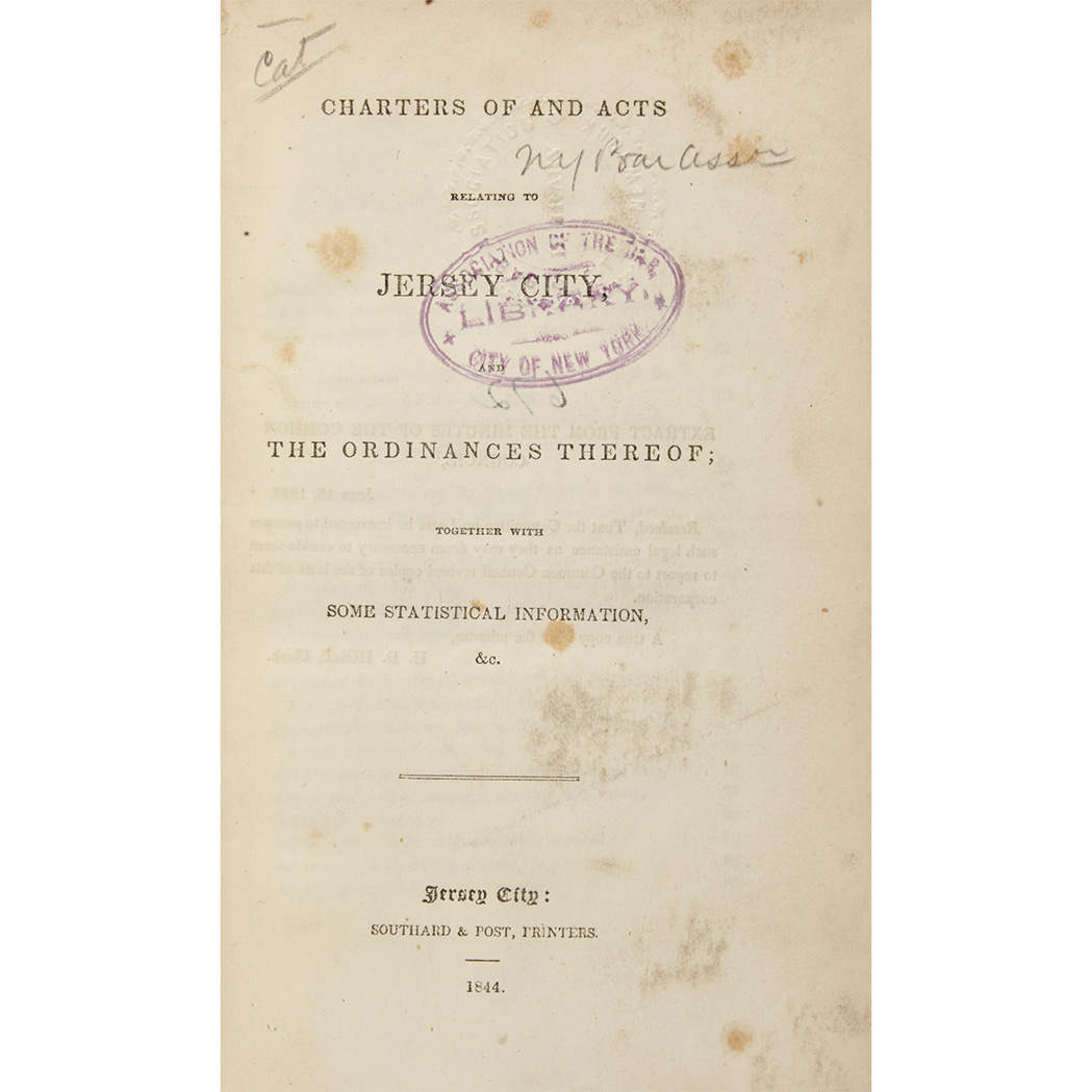 Lot image - [NEW JERSEY] Group of charters and related volumes on Jersey City, Newark, Hoboken, Bergen, etc., eight volumes in mostly 20...