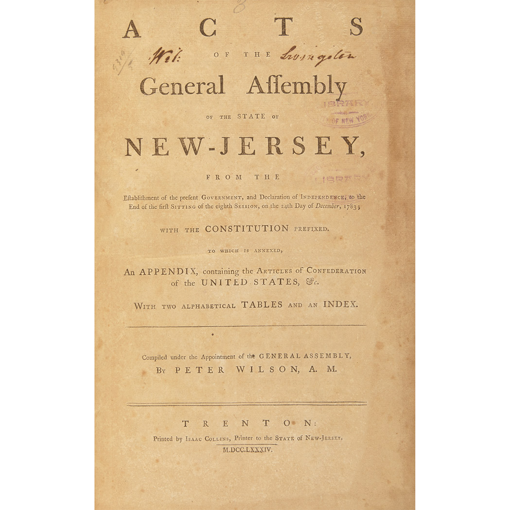 Lot image - [NEW JERSEY] WILSON, PETER (compiler). Acts of the General Assembly of the State of New-Jersey. Trenton: Isaac Collins, 1784...
