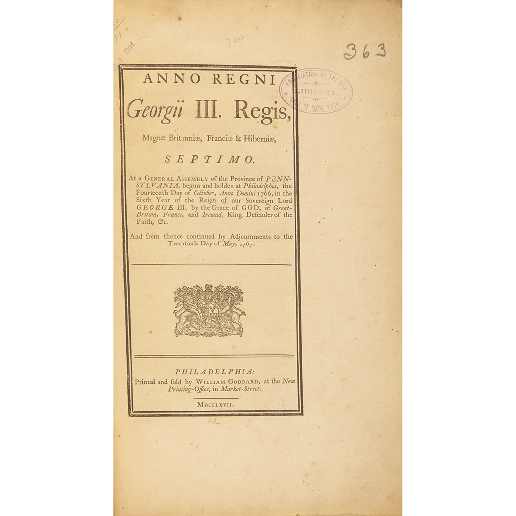 Lot image - [PENNSYLVANIA] Group of Colonial Session Acts, 1767-73, bound in nine volumes in 20th century cloth, sizes vary, some uncut,...