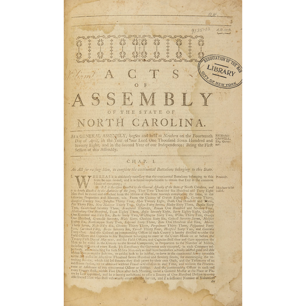 Lot image - [NORTH CAROLINA - REVOLUTION] Acts of Assembly of the state of North Carolina ... held at Newbern on the fourteenth day of Apri...