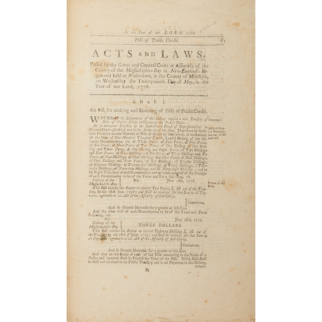 Lot image - [MASSACHUSETTS - REVOLUTION]  Acts and Laws, Passed by the Great and General Court or Assembly of the Colony of the Massachusetts-Bay in New-England: Begun and held at Watertown... the twenty-ninth day of May, in the year of our Lord, 1776