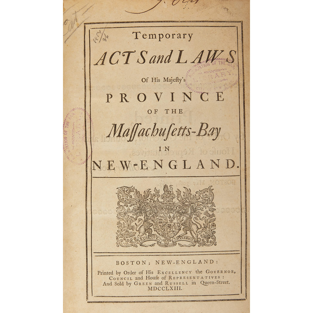 Lot image - [MASSACHUSETTS - COLONIAL]  Temporary Acts and Laws of his Majesty's Province of the Massachusetts-Bay in New-England