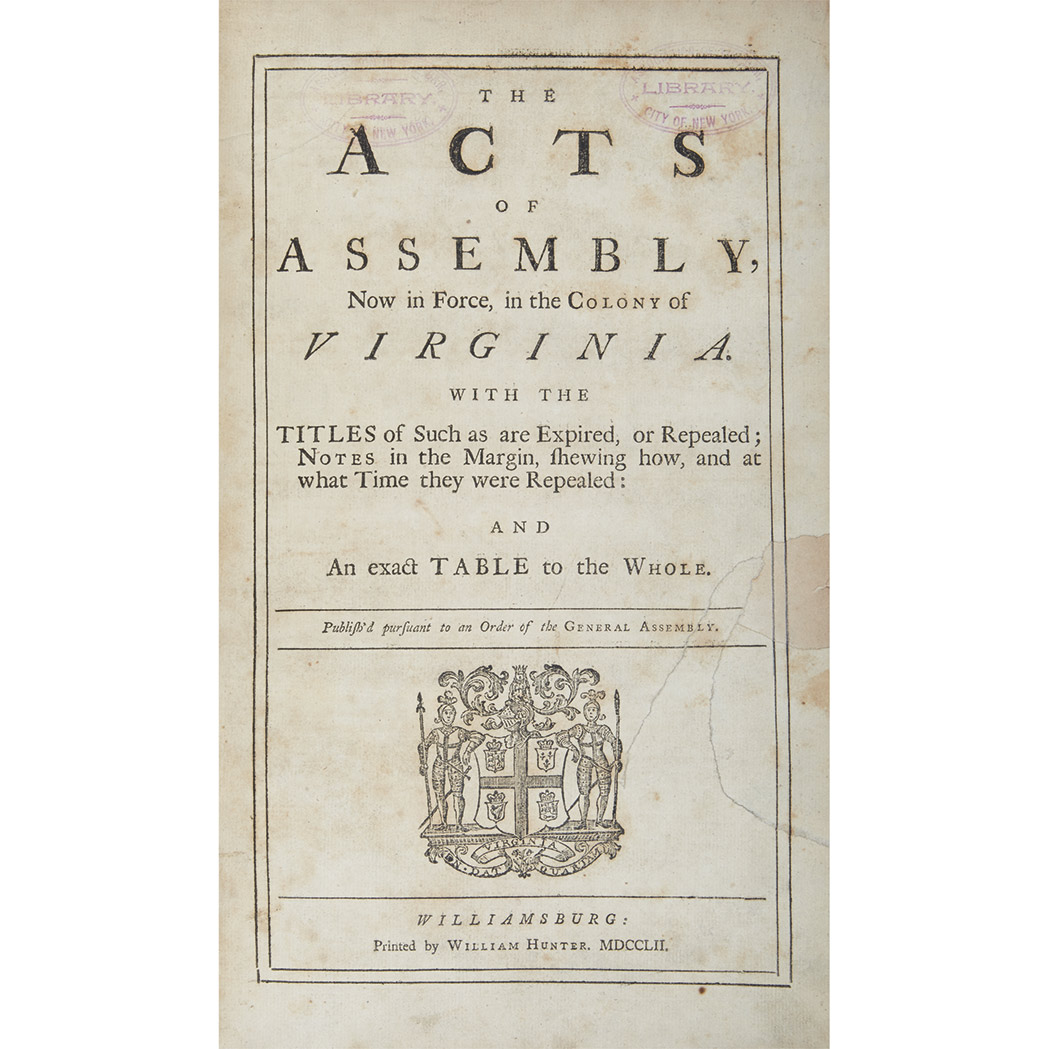 Lot image - [VIRGINIA - COLONIAL]  Bound volume of acts, 1748-63, with much annotation