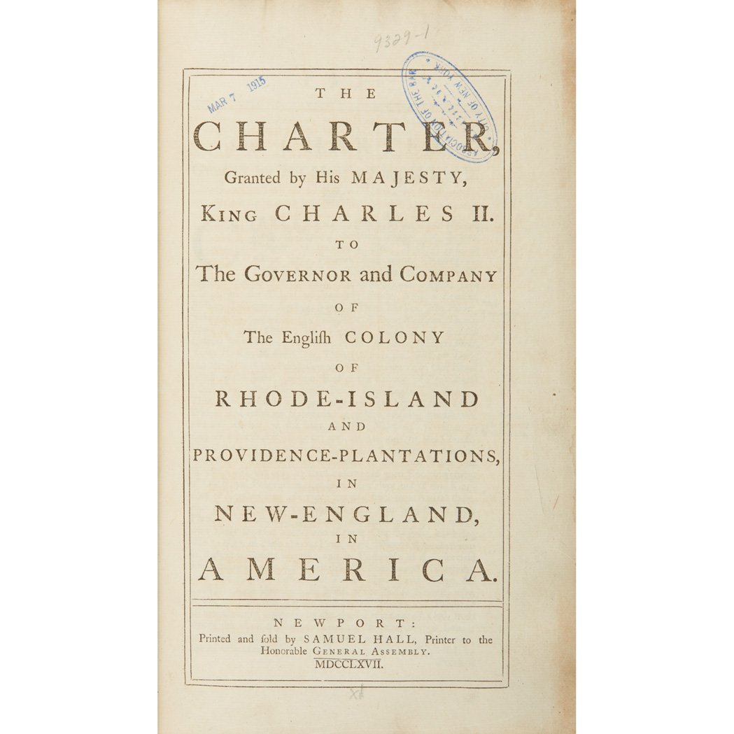 Lot image - [RHODE ISLAND]  The Charter, Granted by His Majesty, King Charles II