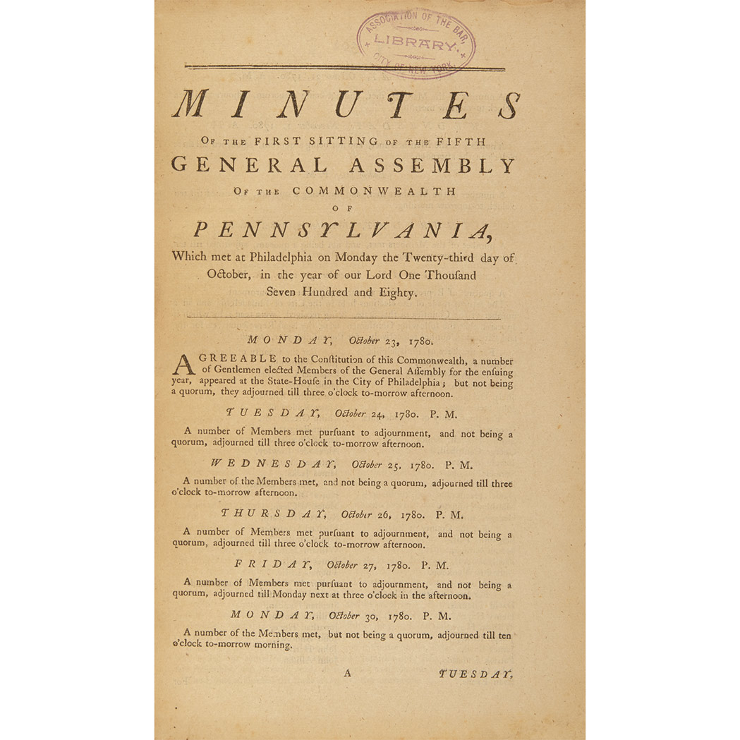 Lot image - [PENNSYLVANIA - REVOLUTION]  Minutes of the first session of the fourth General Assembly of the Commonwealth of Pennsylvania