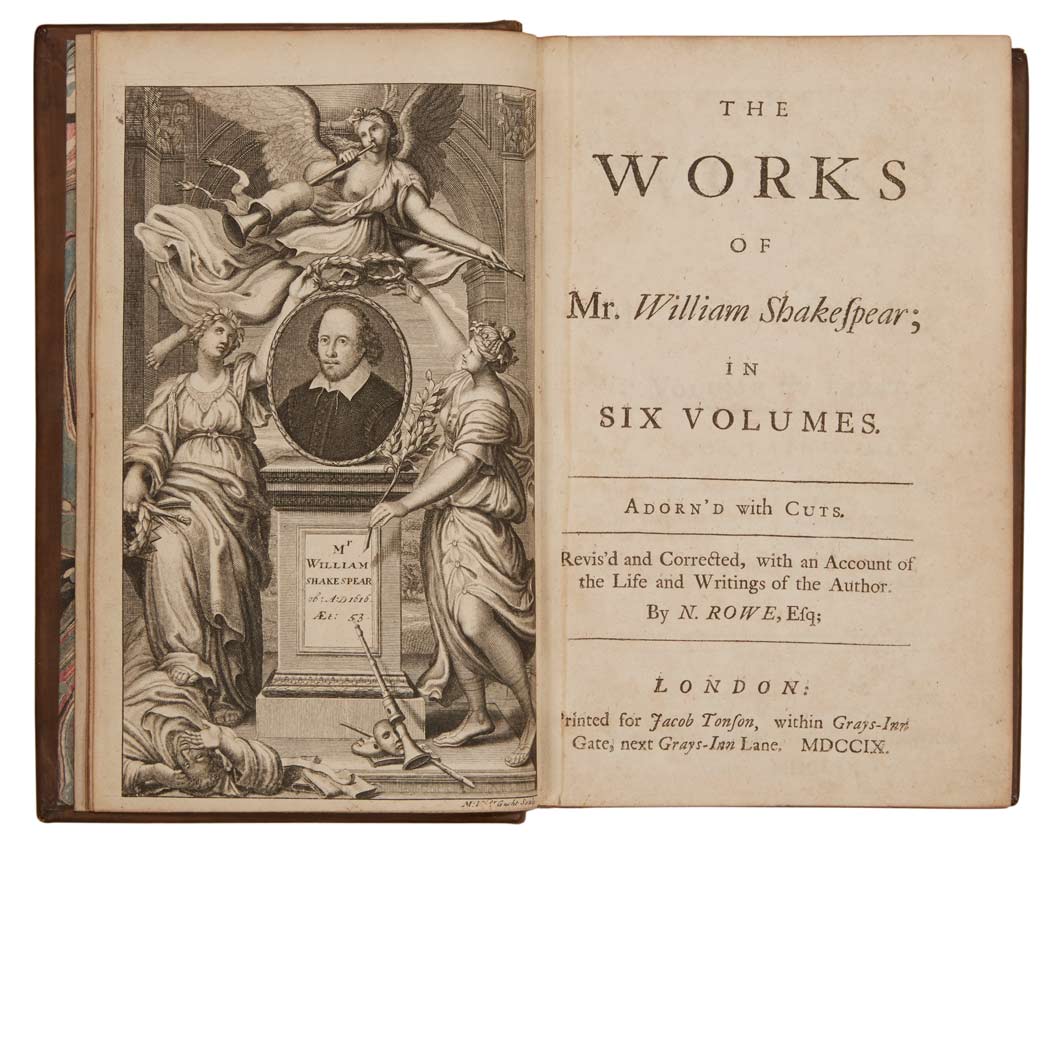 Lot image - SHAKESPEARE, WILLIAM  The Works of Mr. William Shakespear; in Six Volumes. Adorn'd with cuts. Revis'd and Corrected, with an Account of the Life and Writings of the Author. By N. Rowe, Esq.