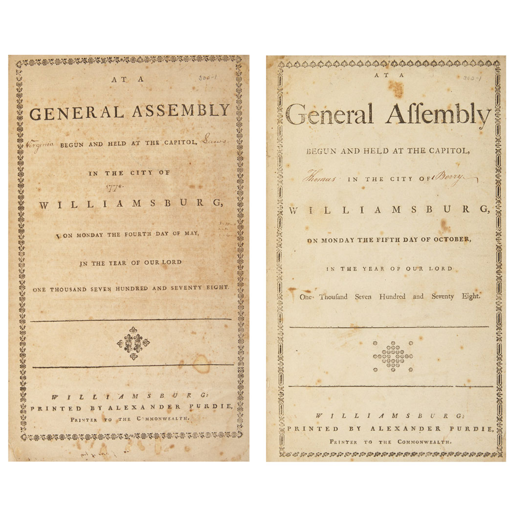 Lot image - [VIRGINIA - REVOLUTION]  At a General Assembly begun and held at the capitol, in the city of Williamsburg, on Monday, the fourth day of May, in the year of our Lord, one thousand seven hundred and seventy eight