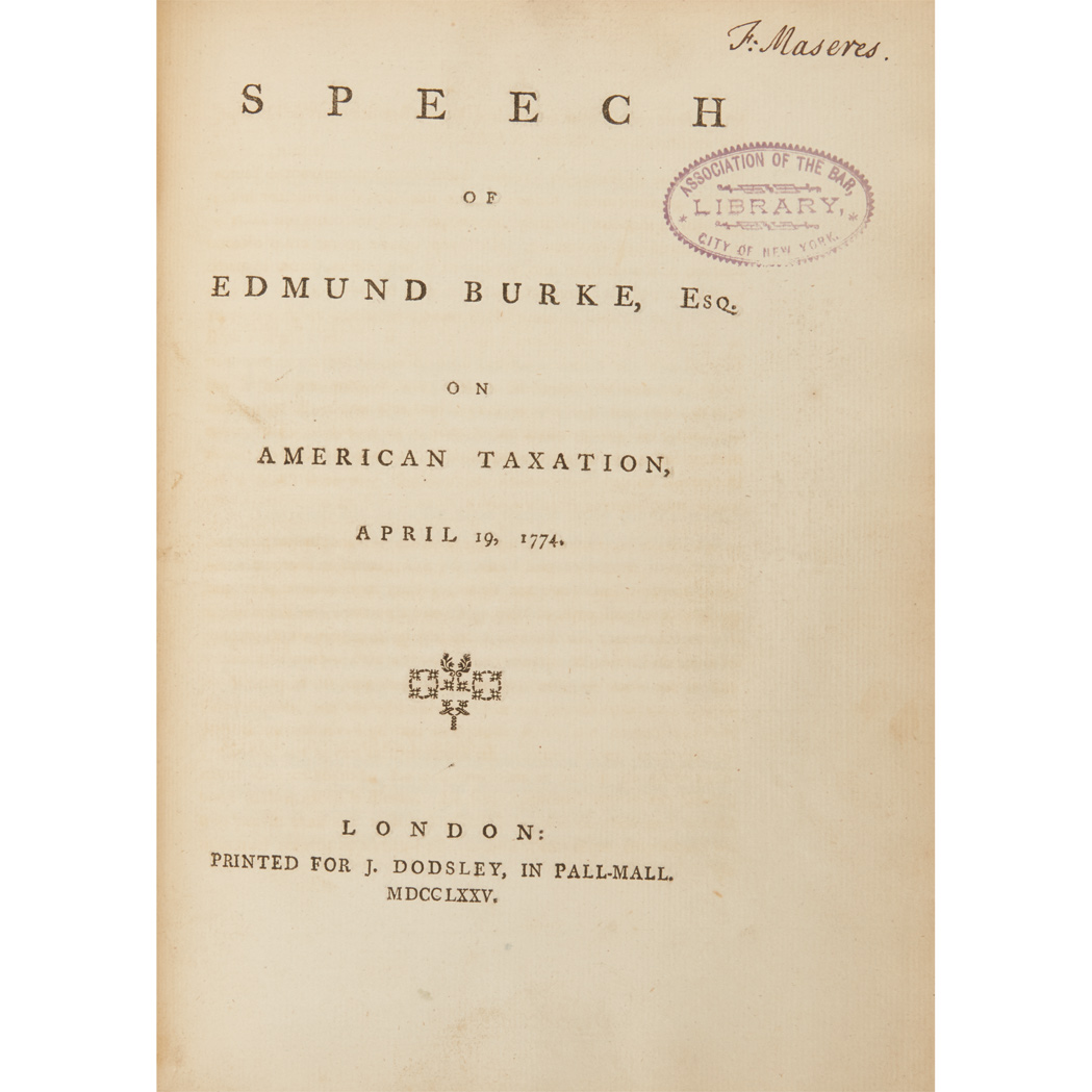 Lot image - [AMERICAN REVOLUTION - ENGLAND]  BURKE, EDMUND. The Speech of Edmund Burke, Esq; On Moving His Resolutions for Conciliation with the Colonies, March 22, 1775