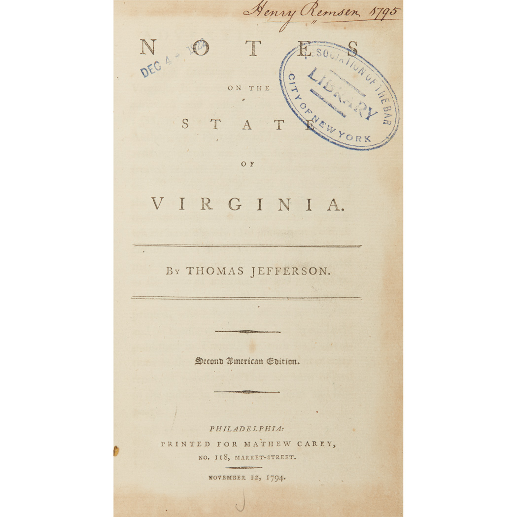 Lot image - JEFFERSON, THOMAS  Notes on the State of Virginia