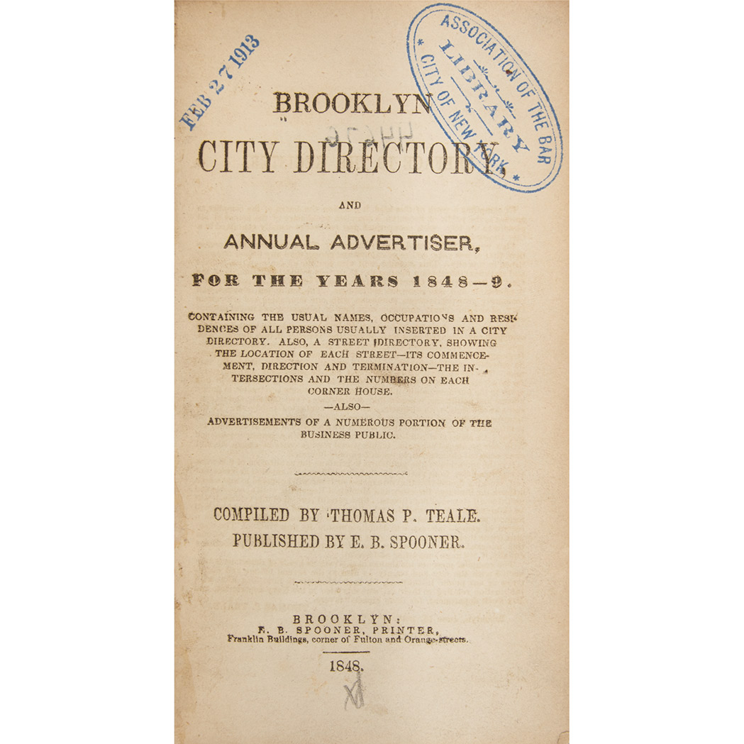 Lot image - [BROOKLYN]  Brooklyn City Directory, and Annual Advertiser, for the years 1848-9