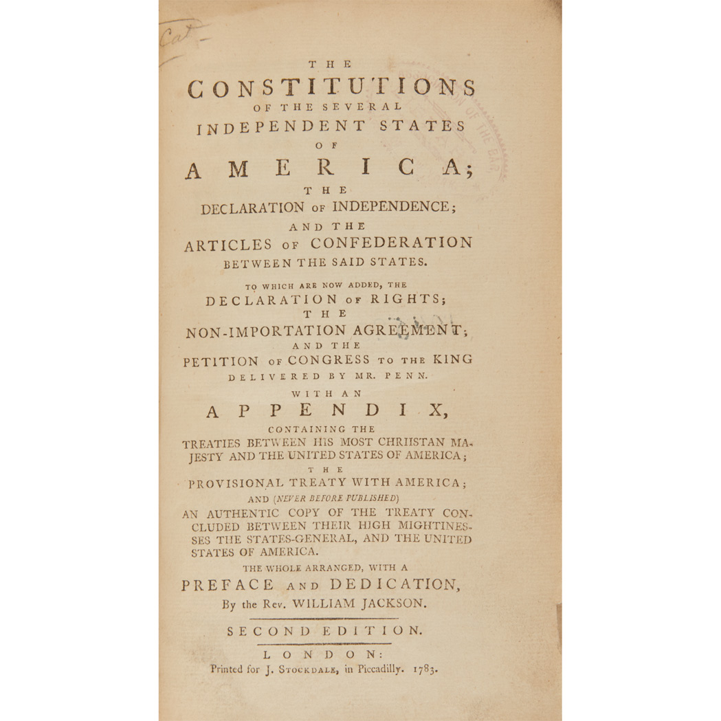 Lot image - [CONSTITUTIONS]  The Constitutions of the Several Independent States of America; The Declaration of Independence; and the Articles of Confederation Between the Said States