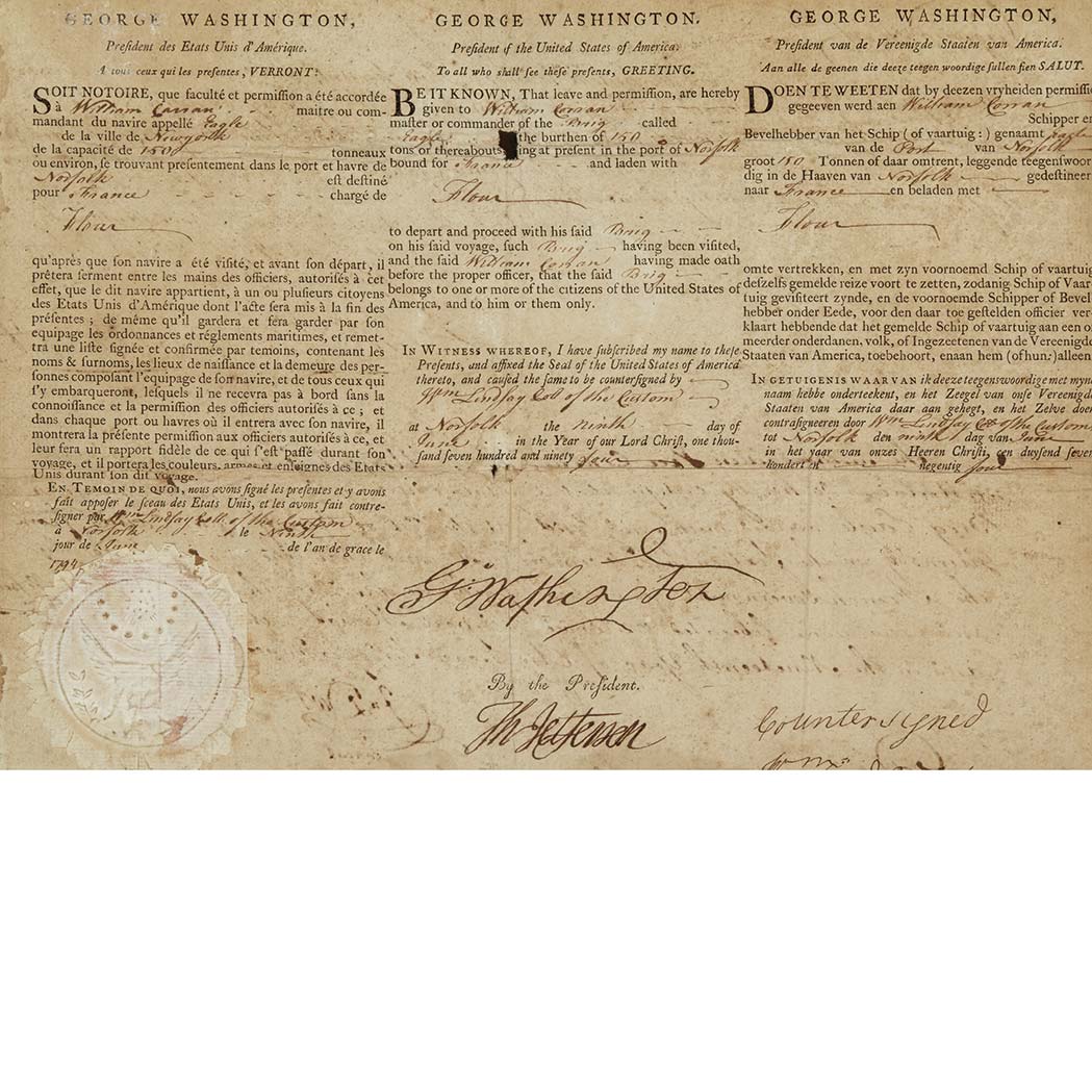 Lot image - WASHINGTON, GEORGE  Three language ship's papers signed, countersigned by Thomas Jefferson