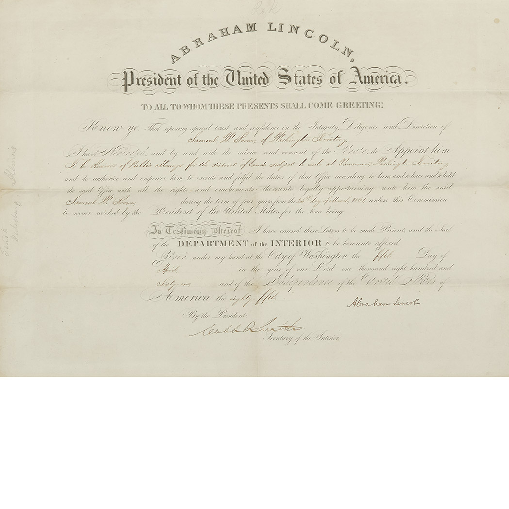 Lot image - LINCOLN, ABRAHAM  Document signed appointing Samuel W. Brown Receiver of Public Money in the Washington Territory