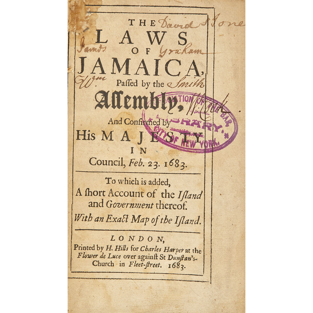 Lot image - [JAMAICA]  The Laws of Jamaica, Passed by the Assembly, And Confirmed by His Majesty in Council, Feb. 23. 1683