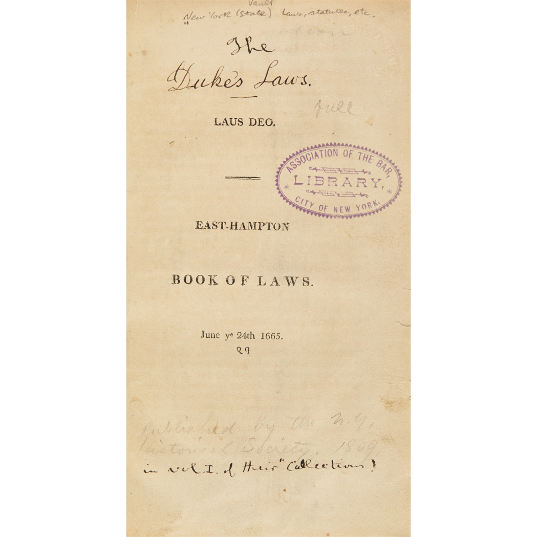 Lot image - [NEW YORK - COLONIAL]  [The Duke's Laws]. Laus Deo. East-Hampton Book of Laws. June ye 24th 1665