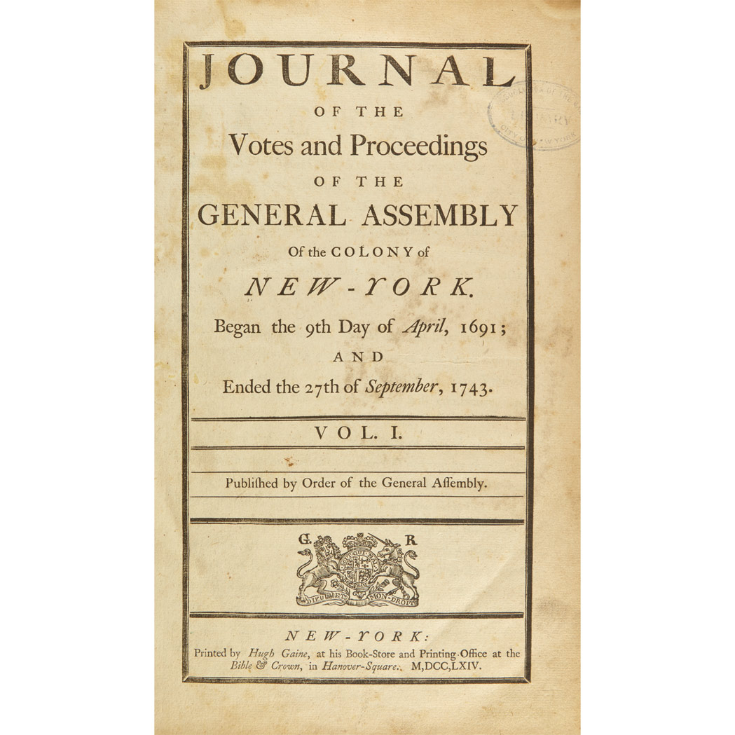 Lot image - [NEW YORK - COLONIAL]  Two Hugh Gaine printed volumes from the library of Russell Benedict