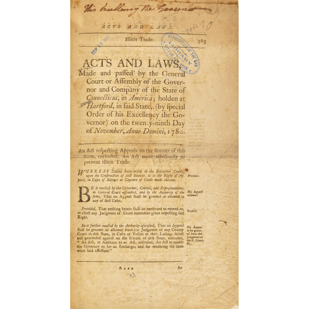 Lot image - [CONNECTICUT]  Group of four volumes containing session laws, including one Revolutionary imprint and three Federal
