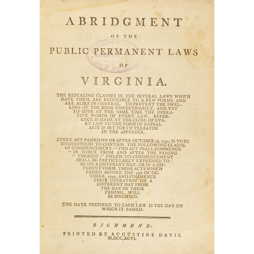 Lot image - [VIRGINIA - FEDERAL]  Abridgment of the Public Permanent Laws of Virginia