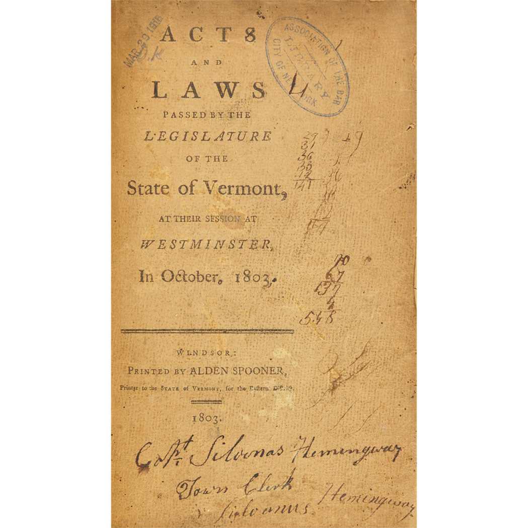 Lot image - [VERMONT - FEDERAL]  The Laws of the State of Vermont, digested and compiled