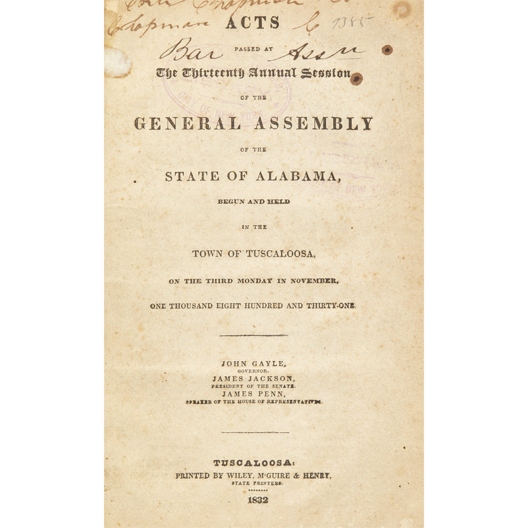 Lot image - [ALABAMA]  Run of General Assembly Acts, 1833-1846