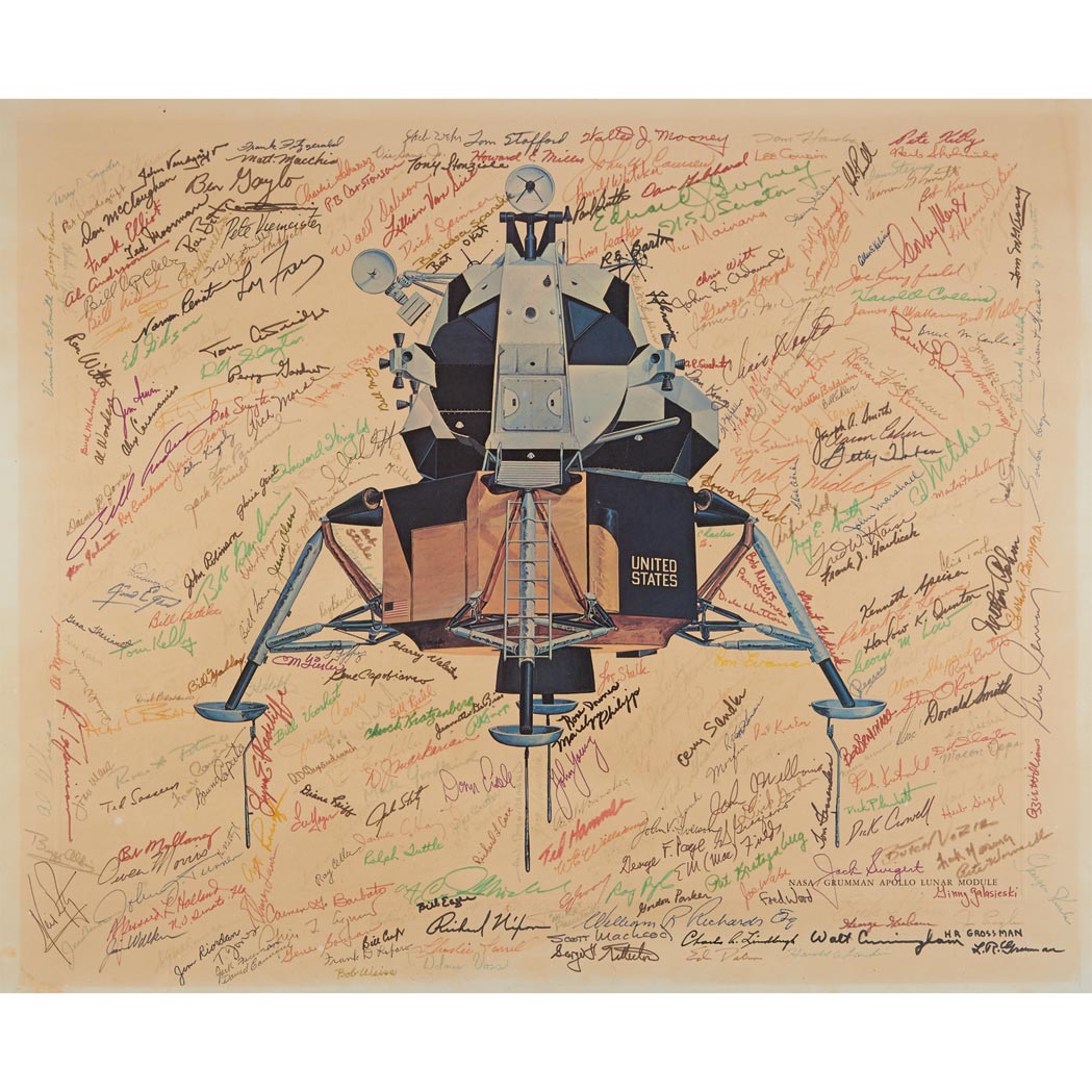 Lot image - [SPACE]  Large lithograph of the Grumman-designed Apollo Lunar Module signed by dozens of Astronauts, NASA and Grumman Officials and Several Notables