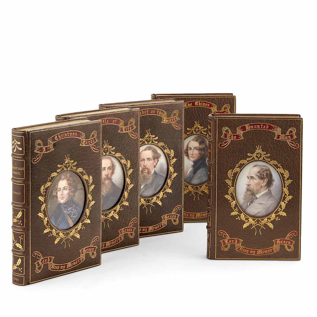 Lot image - [FINE BINDING-COSWAY]  DICKENS, CHARLES. Set of first editions of Dickens's five Christmas stories in fine Cosway bindings