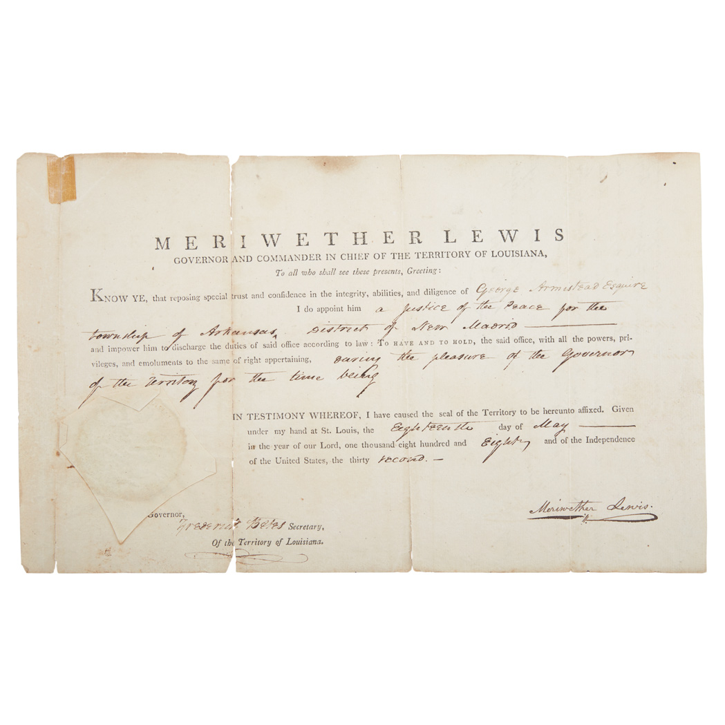 Lot image - LEWIS, MERIWETHER  Document signed as the Territorial Governor of Louisiana appointing George Armistead Justice of the Peace in the Arkansas Township