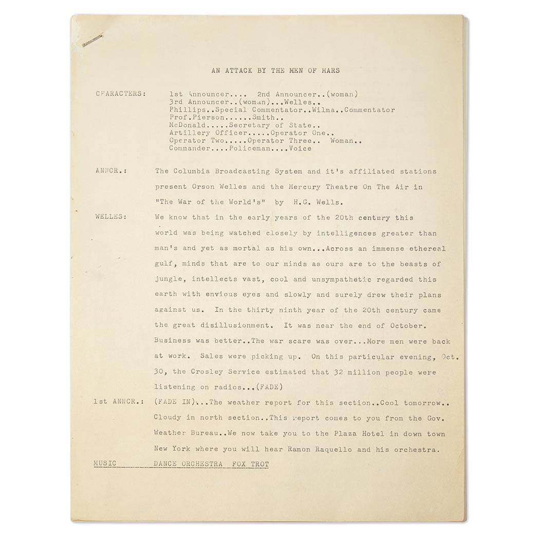 Lot image - WELLES, ORSON & KOCH, HOWARD  Original typescript draft of Welles' Mercury Theatre radio drama The War of the Worlds, here titled An Attack by the Men of Mars