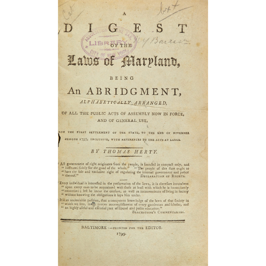 Lot image - [MARYLAND - FEDERAL]  HERTY, THOMAS. A Digest of the Laws of Maryland
