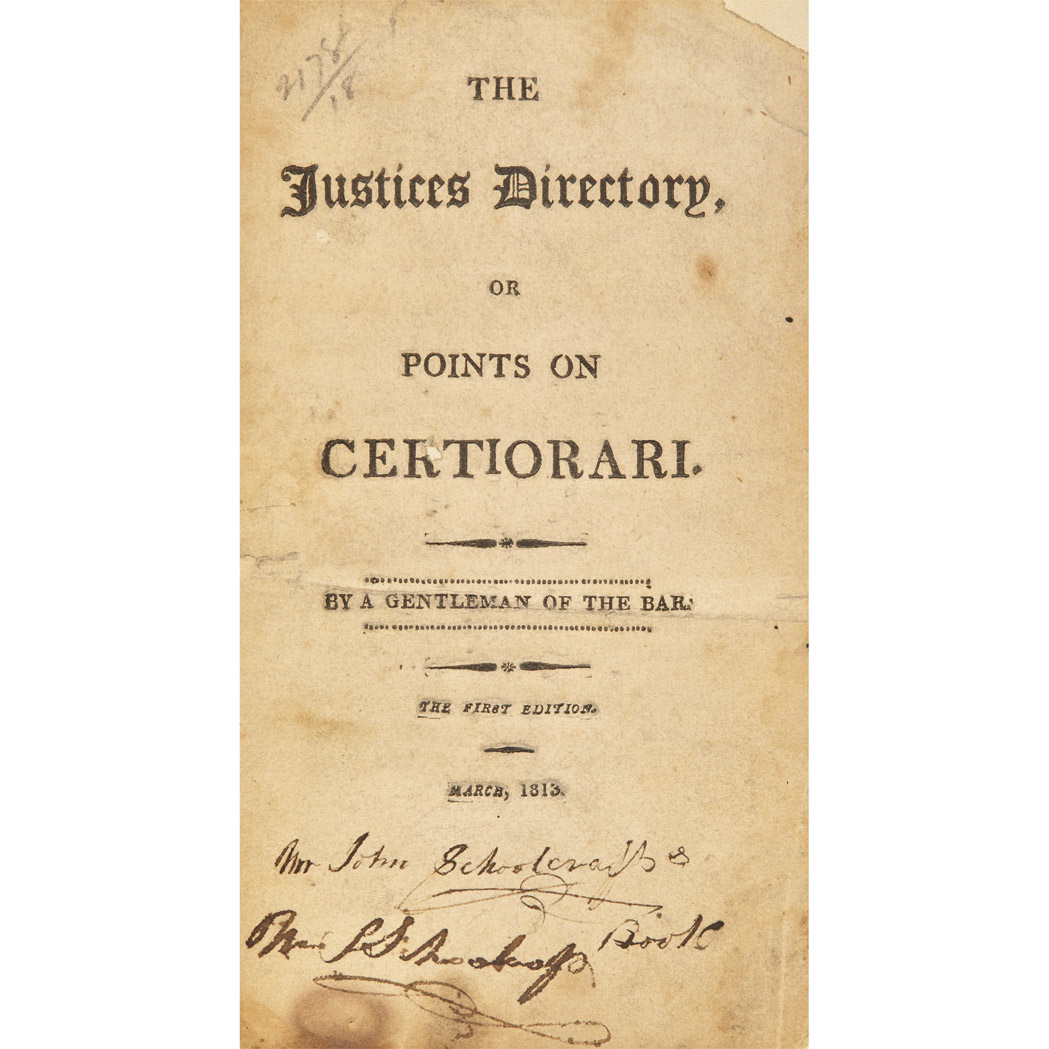 Lot image - [NEW YORK - EARLY LEGAL IMPRINT]  The Justices' Directory, or Points on Certiorari, being a Digest of the Cases Reported by Johnson & Caines