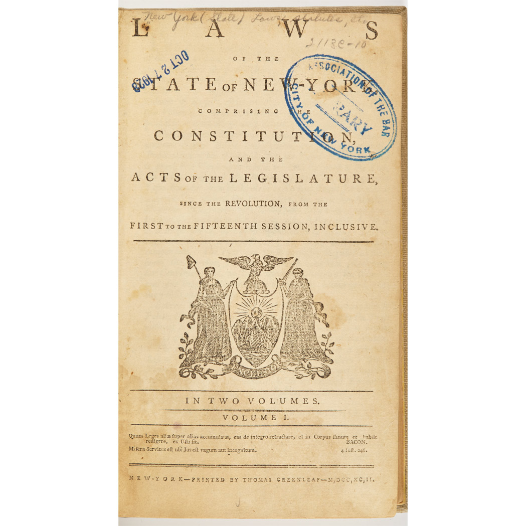 Lot image - [NEW YORK - FEDERAL]  Laws of the state of New York, comprising the Constitution, and the acts of the Legislature, since the Revolution, from the first to the fifteenth session, inclusive
